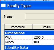 11 On the design bar, click Family Types: Change the Depth values to 400. Change the Width values to 1200. Click Apply. Click OK.