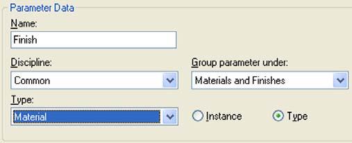 18 Finally, in the Family Types dialog box, add a new Material parameter. Name: Finish. Associate the entire 3D geometry to it.