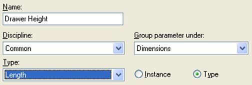 Dimensions. Type = Length. Click Type radio button. Click OK to return to the Family Types dialog box.