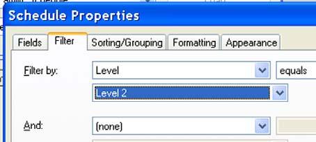 24 In the Schedule Properties dialog box, click the Filter tab. In the Filter By list, select Level.