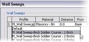 10 In the Wall Sweeps dialog box, click Add. 11 Use the list to set the profile to the Soldier Course: 1 Brick. Click the Material line. Click the Browse icon.