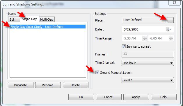 5 In the Advanced Model Graphics dialog box: Select the Cast Shadows check box. Click the Sun and Shadows Settings button. 6 In the Sun and Shadow Settings dialog box: Click the Single-Day tab.
