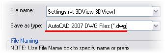 6 Verify that Save as Type is set to AutoCAD DWG 2007 format. Click Current View. Accept the other default values in this dialog box. Click Save. Choose a location to save your exported model.