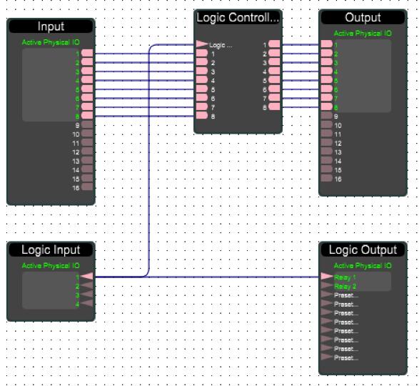 Click and drag from the output node of one module to the input node of another to create a wire connection.
