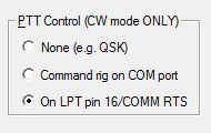 ini Note: ALWAYS set Comm PTT to NO for ALL radios. 1. Select the COM port you assigned for WinKey for CW. 2. Select microham MK2R as the CW keyer type.
