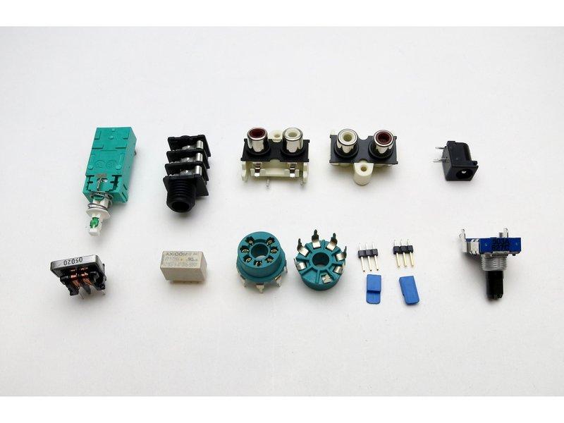 Step 8 PCB mount items Top Row L to R - Power Switch, Headphone Jack, RCA jacks (2), Power jack Bottom Row, L to R -