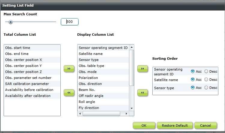 Search setting dialog Search setting dialog is a panel for setting the display items of search result list screen or map default display of Product Search screen.