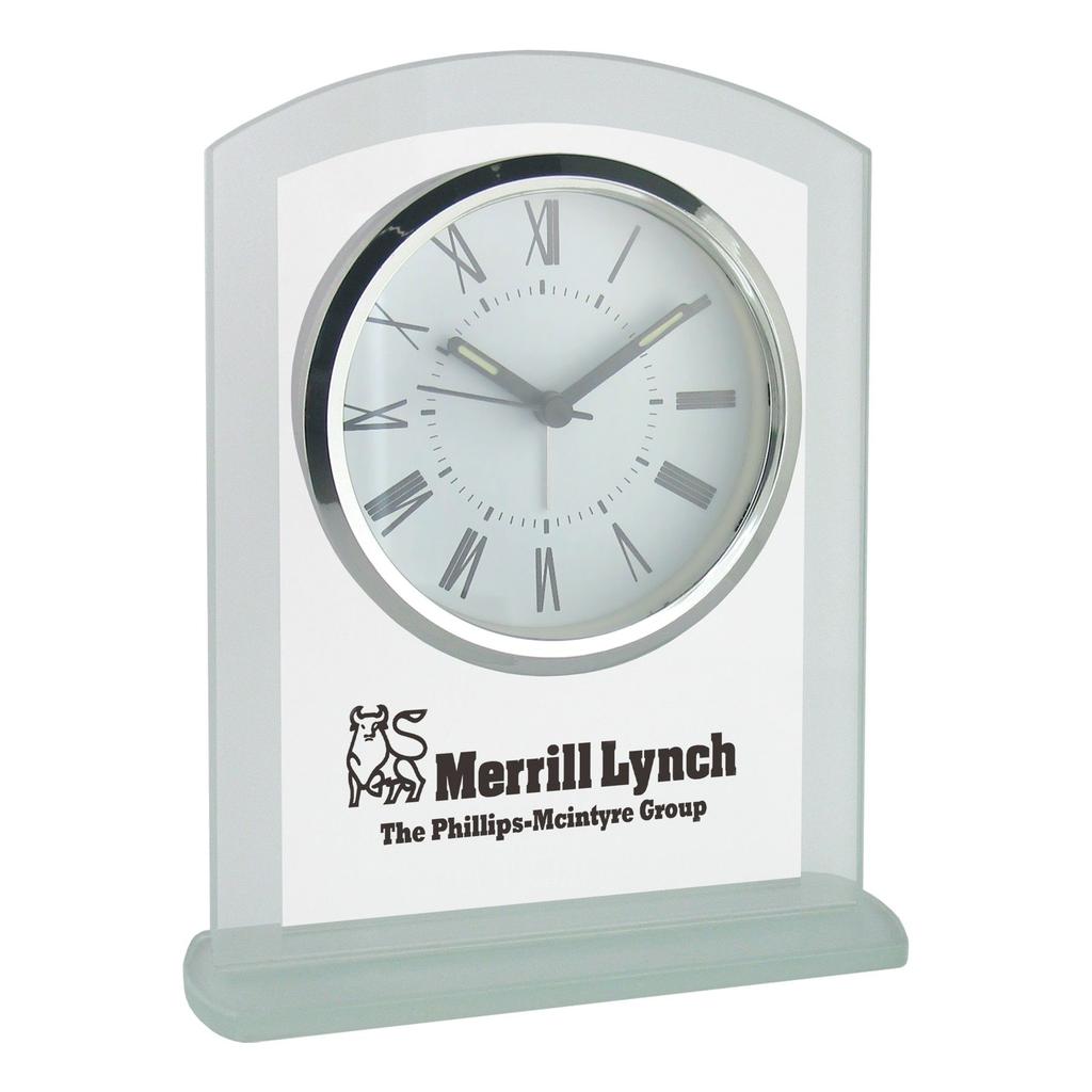 Clock - Panel Glass Desk Alarm Clock Item Number: Great desk gift for executives Clock - Panel Glass Desk Alarm Clock. Simple, elegant and high perceived value glass desk alarm clock.