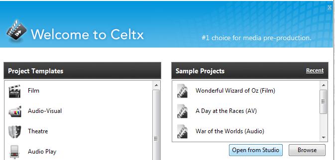 You can also open projects from your Studio using the Celtx software. The first way is to select the button on the Celtx launch page.
