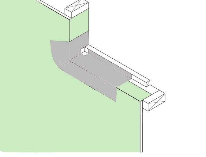 roofing nails or panhead screws. Then install small pieces of stretchable flashing, e.g. Kingspan GreenGuard SuperStretch Butyl Flashing, at the sill corners so that they overlap the sill pan edges and the side jamb (see Figure 22).