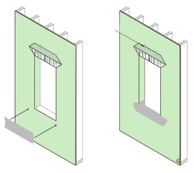 Use the appropriate width of flashing to cover the sill and at least 2 overlap to the face of the rough opening (see Figures 17 and 18).