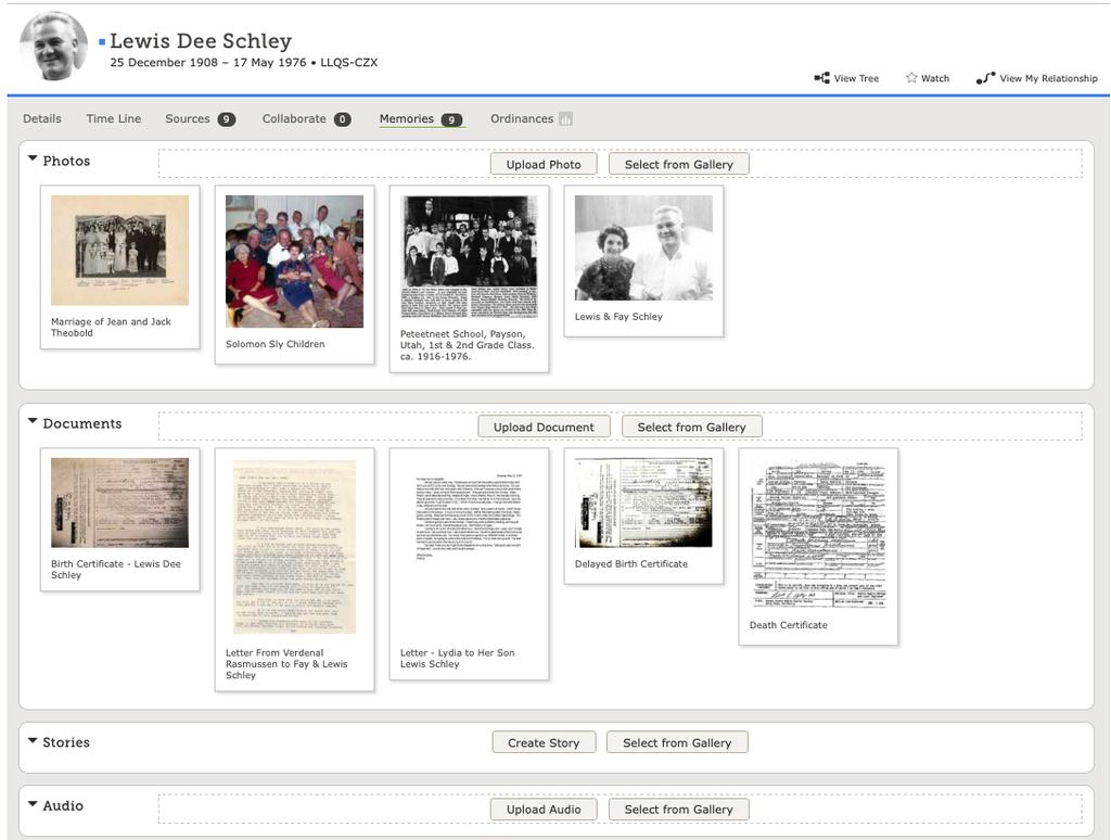 Reviewing the Memories Page : 1. At the present time photos, documents, stories, and audio can be added.