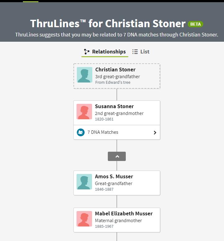 3) ThruLines linked Susanna Stoner in my tree (no parents listed) to "father" Christian Stoner in someone else's tree which didn't have a Susanna listed as one of