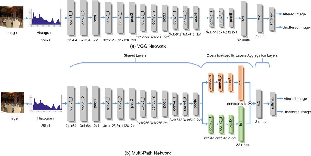 Fig. 2. Architecture of (a) VGG network and (b) the proposed multi-path network.