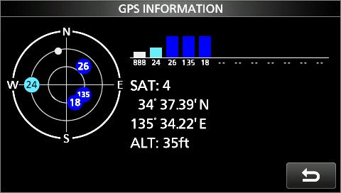 The screen also displays the direction, elevation angle, satellite numbers, and their receiving signal strength status. 1. Push QUICK. 2. Touch GPS Information.