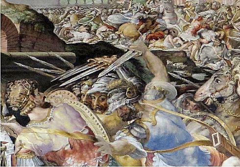 swordplay; here is a small part of a particularly busy one: Florence is winning Small part of monstrous painting in the Palazzo Vecchio, probably showing how Florence clobbered Siena You will have a