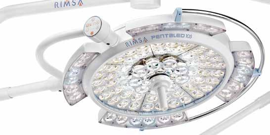 An aluminium ring runs around the dome for easier positioning. The E-View system lets the surgeon adjust the extent of the lit field to get the right type of light for each surgical procedure.