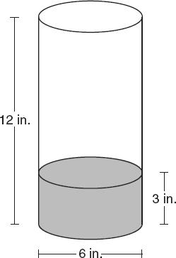 12. A cylindrical glass vase is 6 inches in diameter and 12 inches high. There are 3 inches of sand in the vase, as shown below.