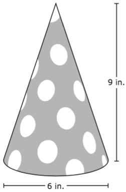 9. A party hat is shaped like a cone. The dimensions of the party hat are shown in the diagram. Which measurement is closest to the volume of the party hat in cubic inches? (8.7A, 8.1A) A. 339.29 in.