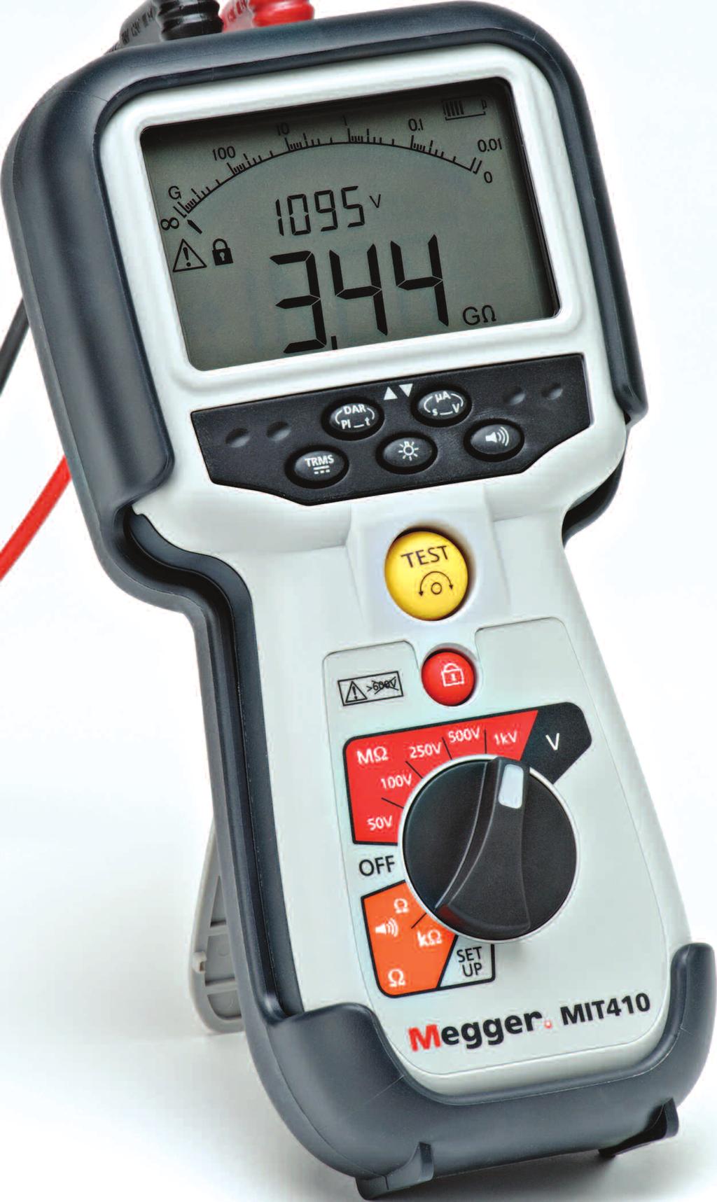 Insulation testing up to 1000 V and 200 GΩ Patented analog arc and dual digital display CAT IV 600 V rating TRMS & DC Voltage measurement Continuity testing at 200 ma or 20 ma down to 0.