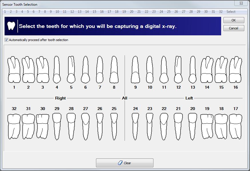 Sensor Capture: The Sensor Tooth Selection screen will appear. Select one or more teeth to associate to the image after the capture is complete.