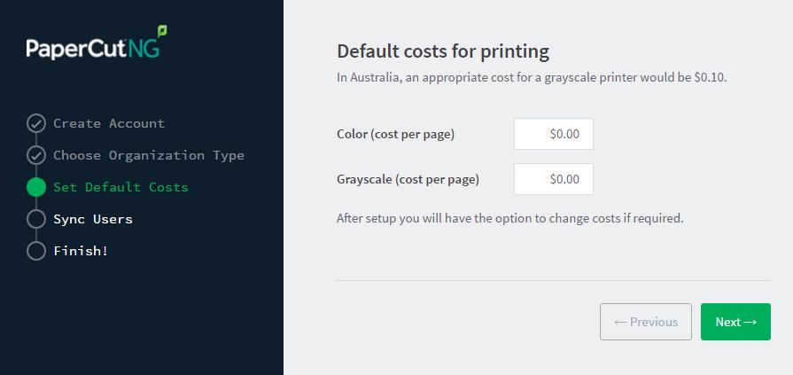 Click Next. Color (cost per page) enter the default cost per page for color printing on all printers.