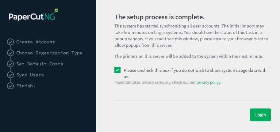 Setup complete After completing the configuration wizard you are presented with a user synchronization status screen, showing the progress and results of the setup. a. Click Login to access the Admin web interface and begin familiarizing yourself with the options and features available.