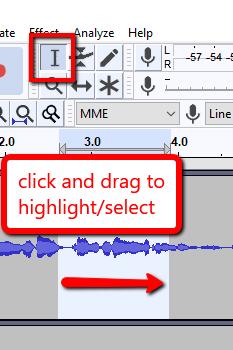 Selecting Audio In order to remove or apply effects to a portion of audio within a track you will need to first select it.