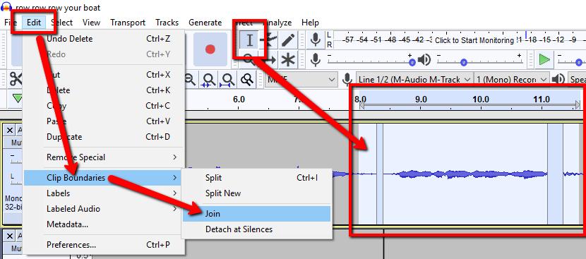 Joining Audio Tracks If you have a single track with multiple clips in it you will see lines or even gaps between segments of your audio.