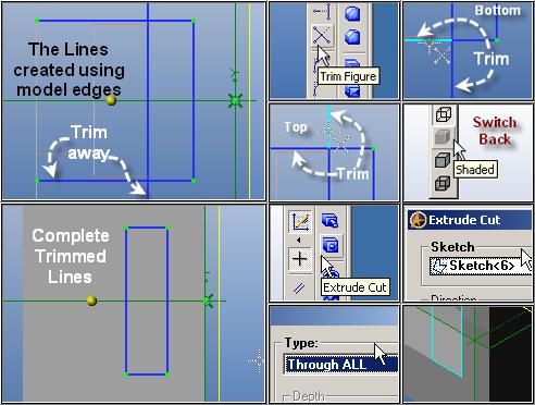 Step 20 Trimming the Projected Lines & Cutting Through. Select Trim Figure from the Sketching toolbar, and trim away the outside portion of the lines. Re-select Shaded now instead of Wireframe.