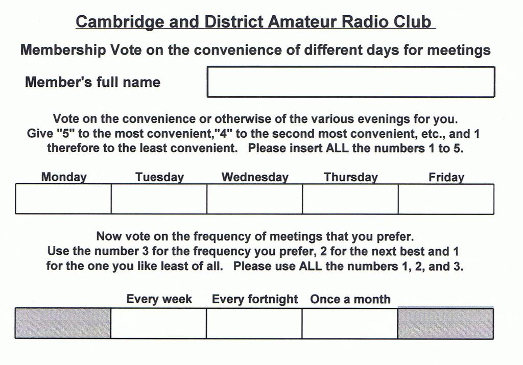 Club Meeting Feedback The committee has received suggestions that having our club meetings on a different night might improve numbers attending.