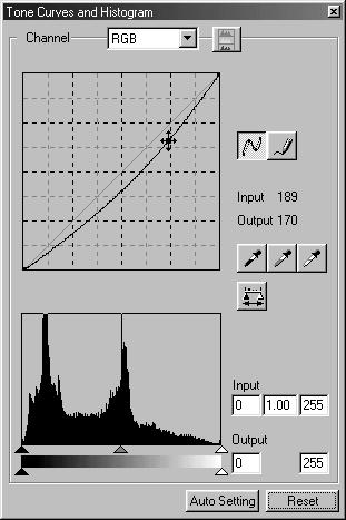 The tone curve / histogram palette Click the tone-curve/histogram button to display the palette.