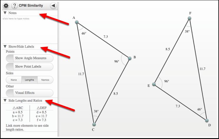 Similarity Toolkit (CPM) The similarity toolkit allows students to explore two triangles to determine congruency or similarity given SSS, SSA, SAS, AAA, etc.