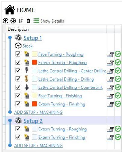 In setup screen you can define properties like setup name, origin (G54, G55,..), G-Code program number, select machine definition. In lathe setup, you can set the spindle revolution limit.