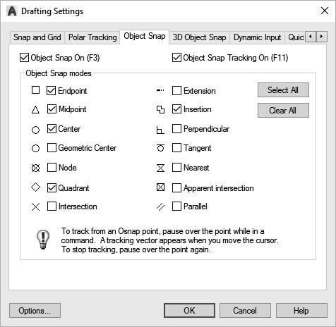 Residential Design Using AutoCAD 2018 FIGURE 2-2.5 Object Snap tab on Drafting Settings dialog Now that you have the Running Object Snaps set, you will give this feature a try. 6.