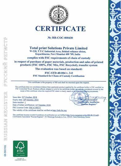 CERTIFICATE FSC Certified AGMARK Certified