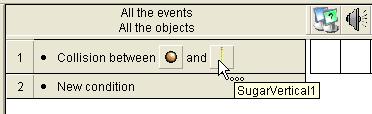 The dialog box should immediately vanish, and the event editor should now display a new event line : We have just defined a new condition!