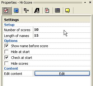 Page 35 of 39 Now for the Hi score object. Select the option "Insert" and then "New object" in the main menu, and choose the Hi-score object. Drop it in the middle of the frame.