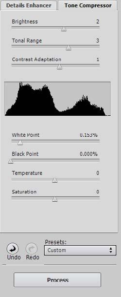 The higher the value, the more both shadows and highlights will be shifted toward the center of the histogram. The Tone Compressor tone mapping method ignores local context.
