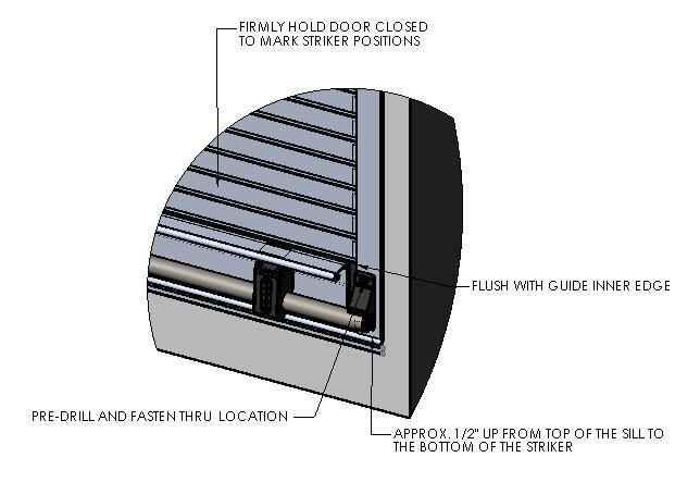 5) Install striker blocks (If not already installed) See FIG. 9 a. With door held closed and bottom seal compressed, slide the striker block into position & mark the striker block mounting location.