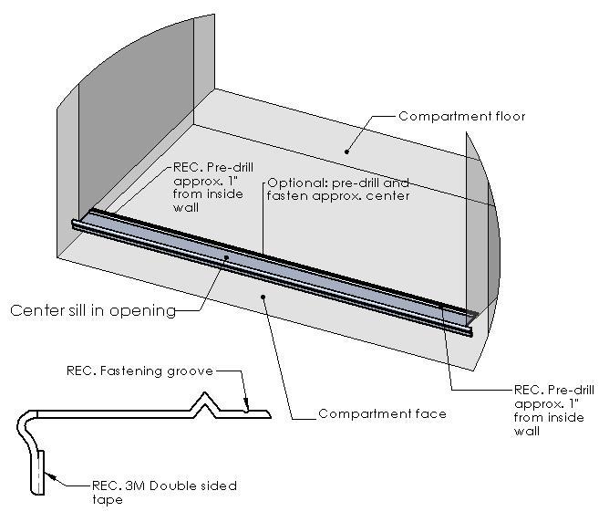2. At this time, fix the sill securely using either rivets (recommended: 3/16 x ½ CSK AK64-BS ) or Stainless steel screws.