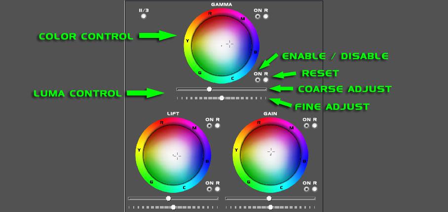 The image below shows the controls that you can use to manipulate the color and luma values in a source clip via the 3 Way Color Grade filter: The image below shows the color spheres in the filters