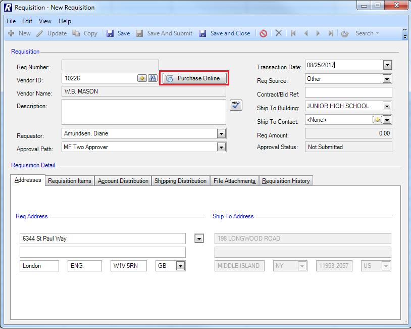 Requisition Entry In nvision Requisitioning, after selecting/adding a schedule, entering Add mode, and selecting a vendor with the proper punchout credentials already set up, the button is enabled,