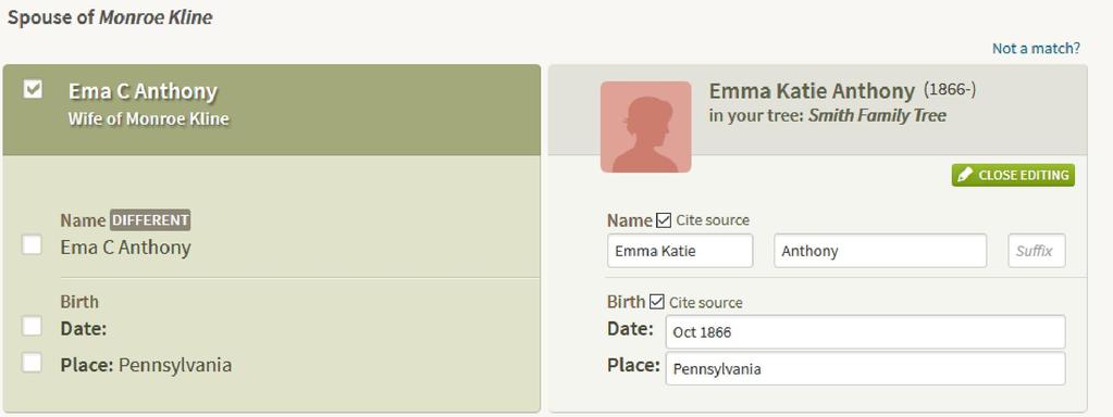This is definitely a record we want to add, but we'll have to be careful about which family member it gets added to. Notice the informant is Emma C. Kline, formerly Emma C. Anthony.