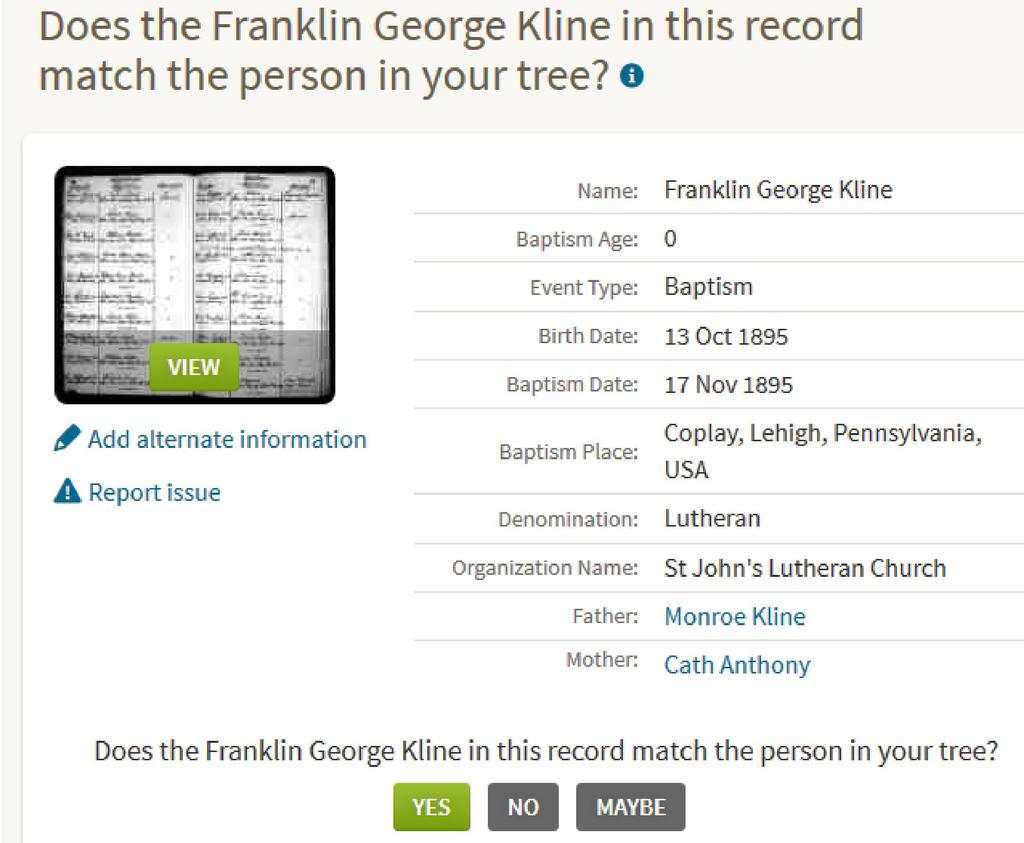 The baptism record shows the exact birth date. The place is consistent with where his parents were living at the time. Click 'REVIEW'.
