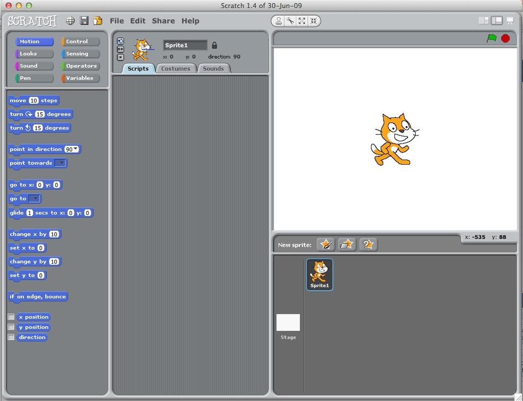 A reminder of the Scratch interface, see the image and description below: Scratch has 5 main sections, firstly starting from the top left you have a list of categories to choose from.