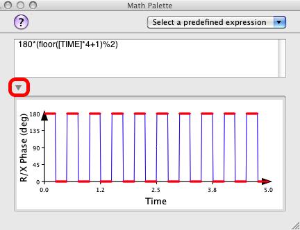 If using the editor, enter the same expression ( 180*(floor([TIME]*4+1)%2)) in the text field and click on the small arrow to reveal a graphical representation of the time-varying expression.