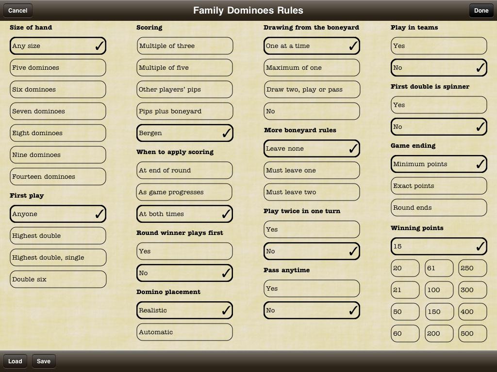The Family Dominoes Rules popup showing all available rules and scoring options. Size of hand You can choose how many dominoes each player has to have before a round can start.