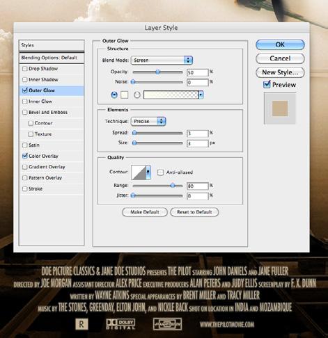In the Layer Style dialog box click on the text Outer Glow in the list on the left. This will add a glow and allow adjusting the settings. Change the Opacity to 50% and the color to white.