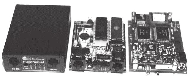 The PacComm PicoPacket TNC shown with internal circuit boards. audio input, while you attempt to tune in your signal with the deviation meter.